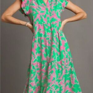 New Umgee Green and Pink Floral Midi Dress S